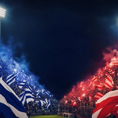Hinchada con banderas y humo en un estadio de noche (imagen generada con AI)