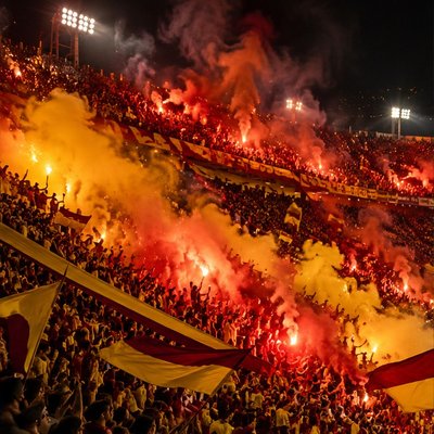 Hinchada con banderas y humo en un estadio de noche (imagen generada con AI)