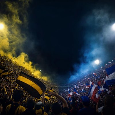 Hinchada con banderas y humo en un estadio de noche (imagen generada con AI)